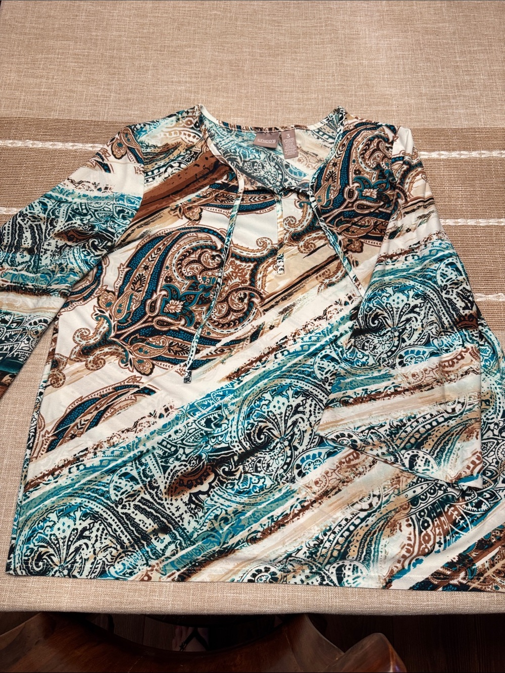 Chico's Paisley Print Tunic in Teal, Brown, and Cream
